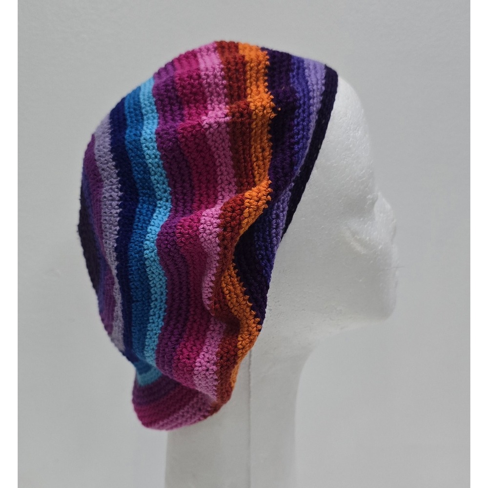 Vibrant Rainbow Crochet Knit Slouchy Beanie Hat Beret Multi-Color Hippie Boho